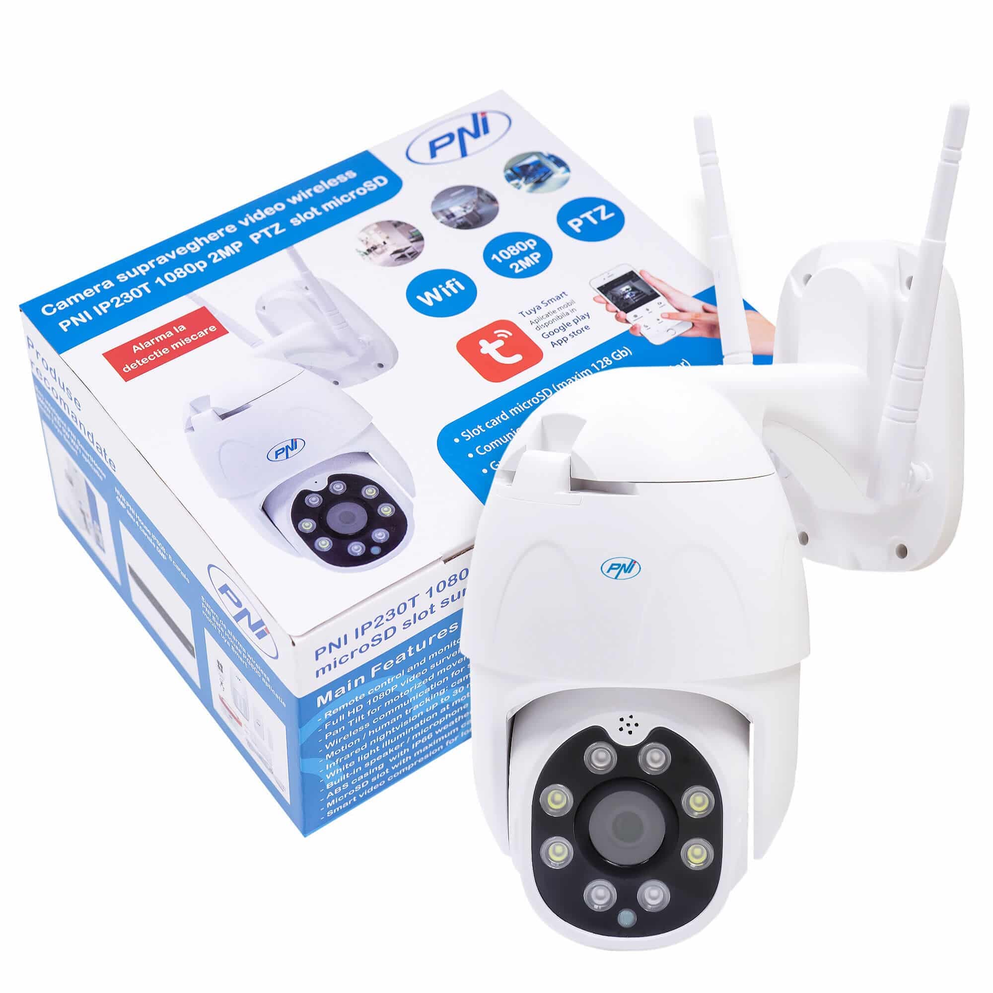 PNI IP230T 1080P vezeték nélküli videó megfigyelő kamera H264 + PTZ + 128 GB microSD, Night Vision, Tuya alkalmazás, P2P, Android, iOS, beltéri és kültéri használatra, mozgás utáni forgatás, mozgásriasztás
