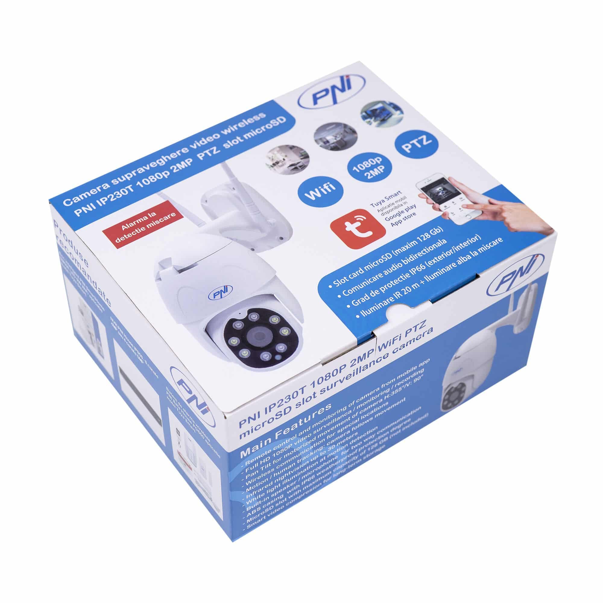 PNI IP230T 1080P vezeték nélküli videó megfigyelő kamera H264 + PTZ + 128 GB microSD, Night Vision, Tuya alkalmazás, P2P, Android, iOS, beltéri és kültéri használatra, mozgás utáni forgatás, mozgásriasztás